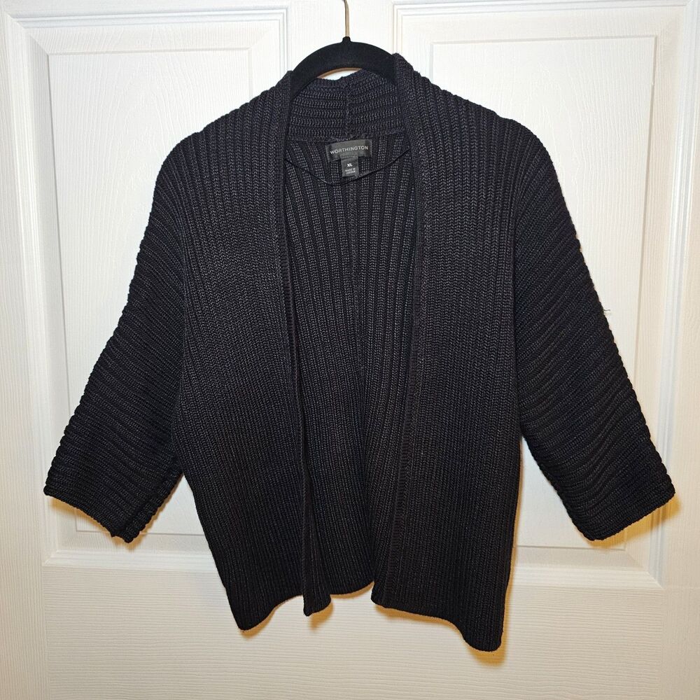 WORTHINGTON Heavy Black Ribbed Knit Open Front Cropped Cardigan Sweater XL